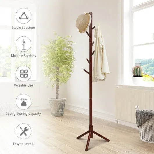 2 Heights Wooden Coat Rack with 8 Hooks-Walnut