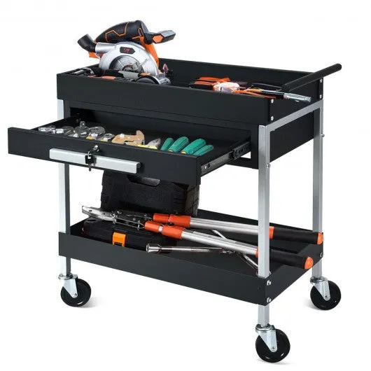 2-Shelf Heavy Duty Tool Cart Service Cart with Lock Drawer & Wheels