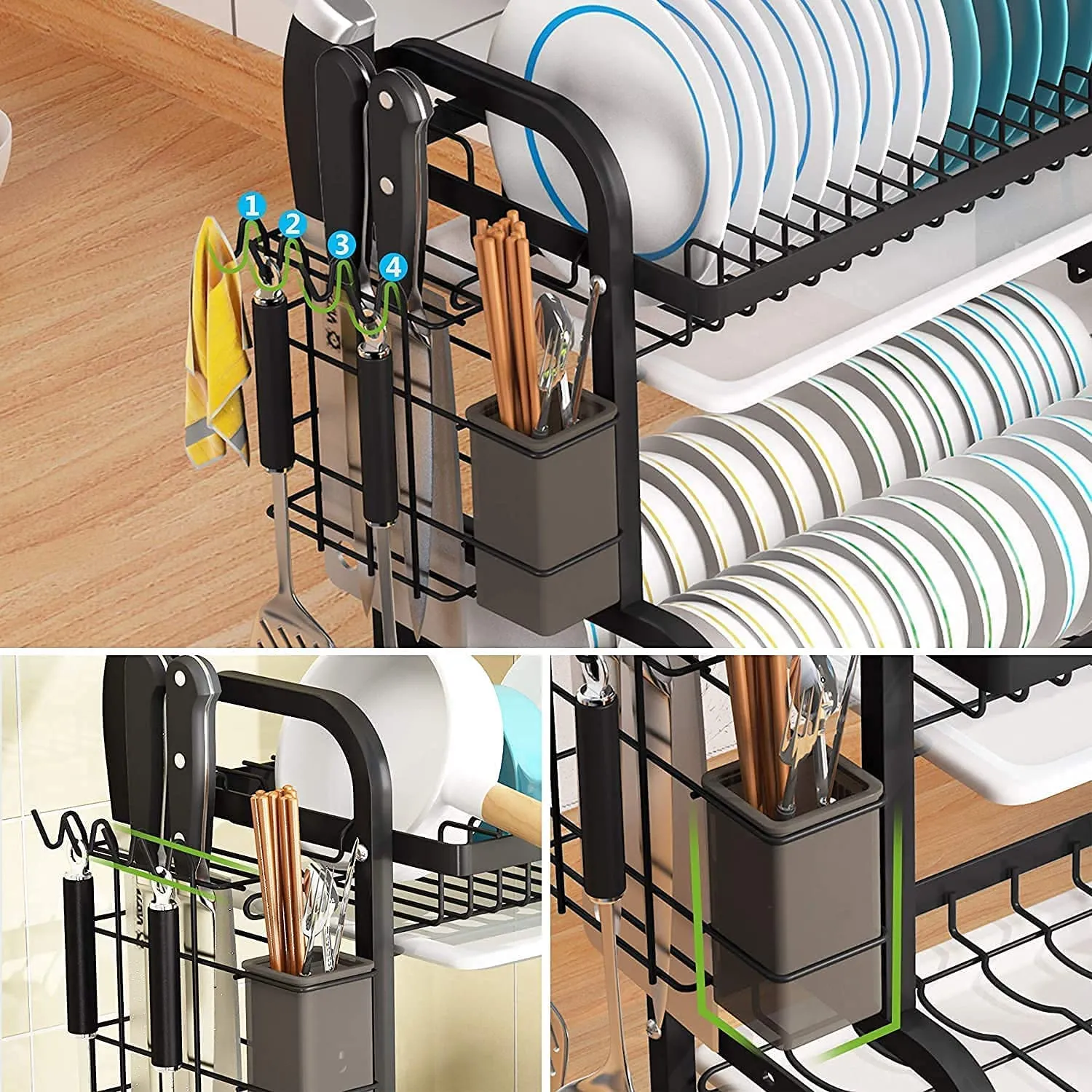 2 Tier Stainless Steel Dish Drying Rack with Drain Boards