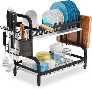 2 Tier Stainless Steel Dish Drying Rack with Drain Boards