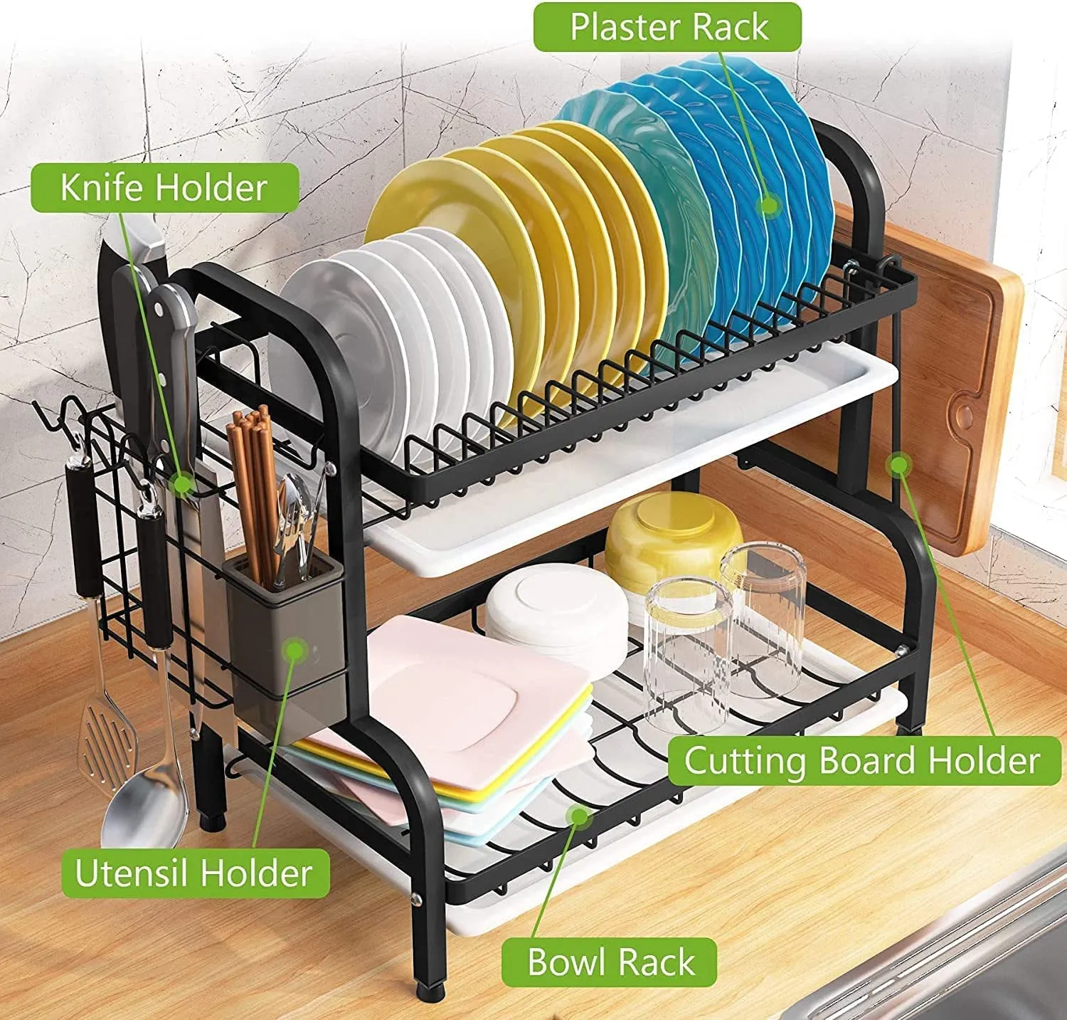 2 Tier Stainless Steel Dish Drying Rack with Drain Boards