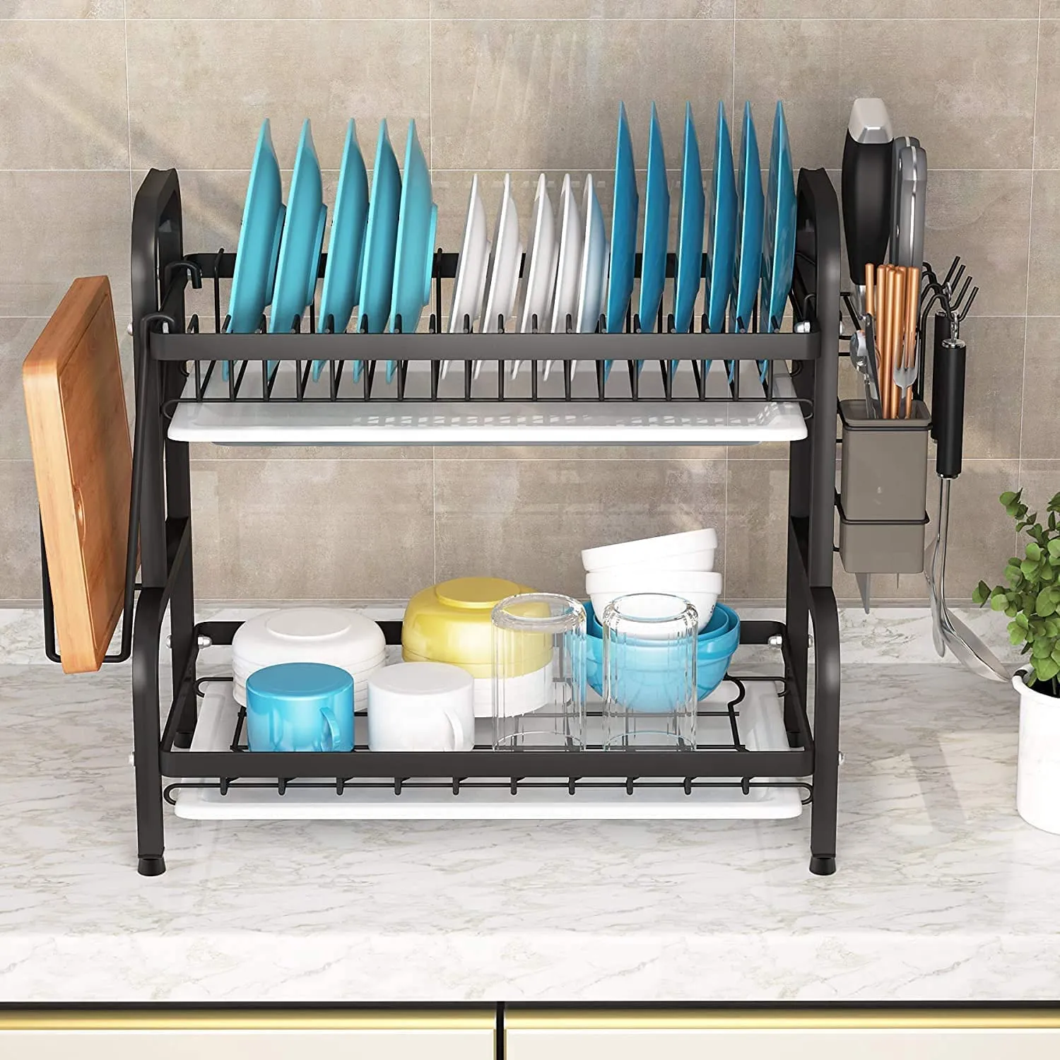 2 Tier Stainless Steel Dish Drying Rack with Drain Boards