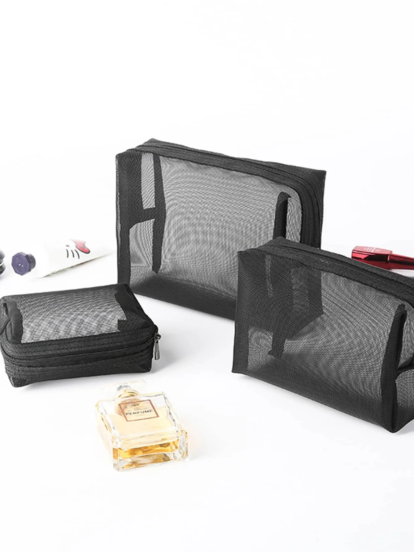 3pcs Set Mesh Toiletries Storage Bag. Make Up Organizer Bag For Travel