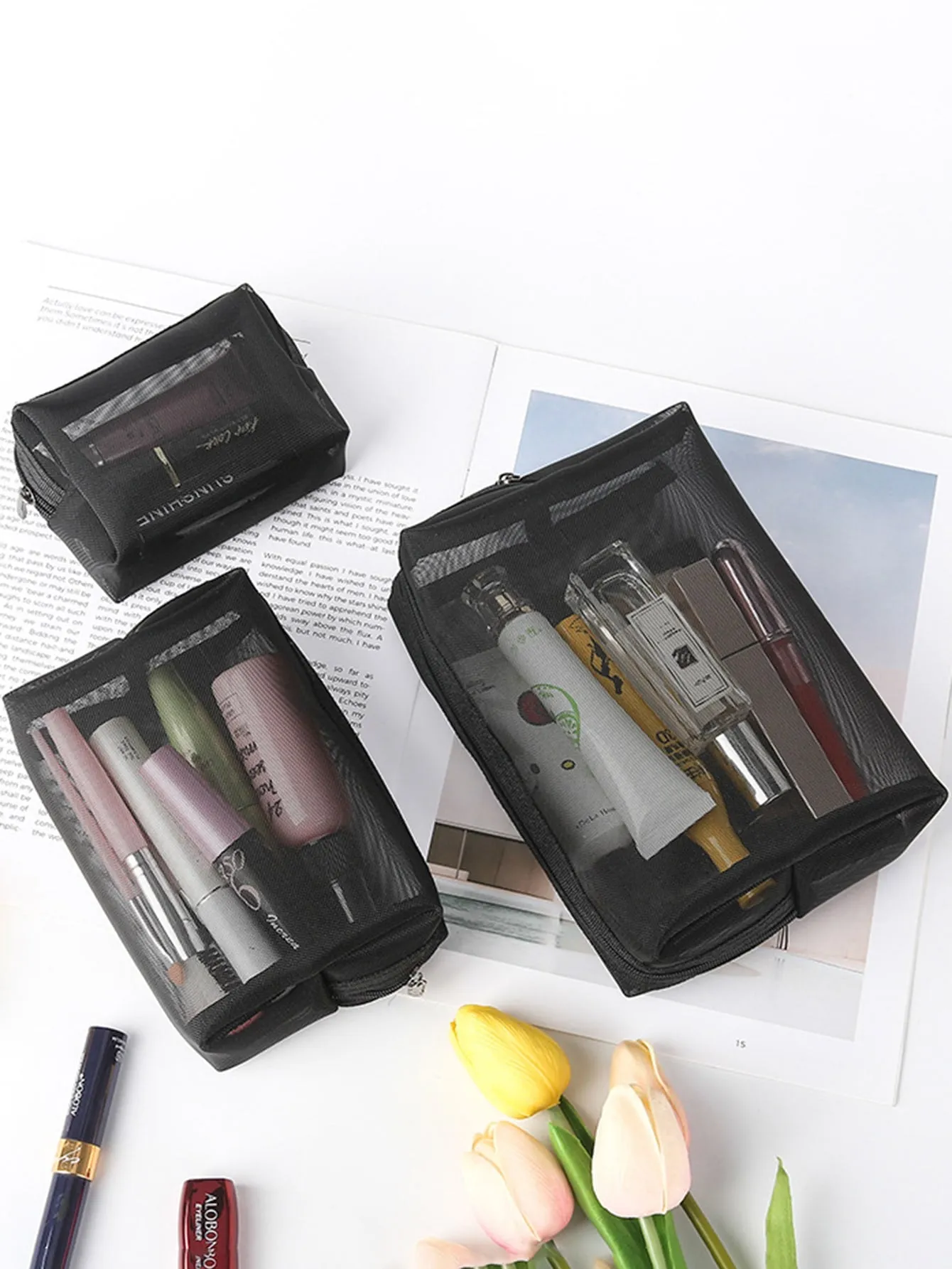 3pcs Set Mesh Toiletries Storage Bag. Make Up Organizer Bag For Travel