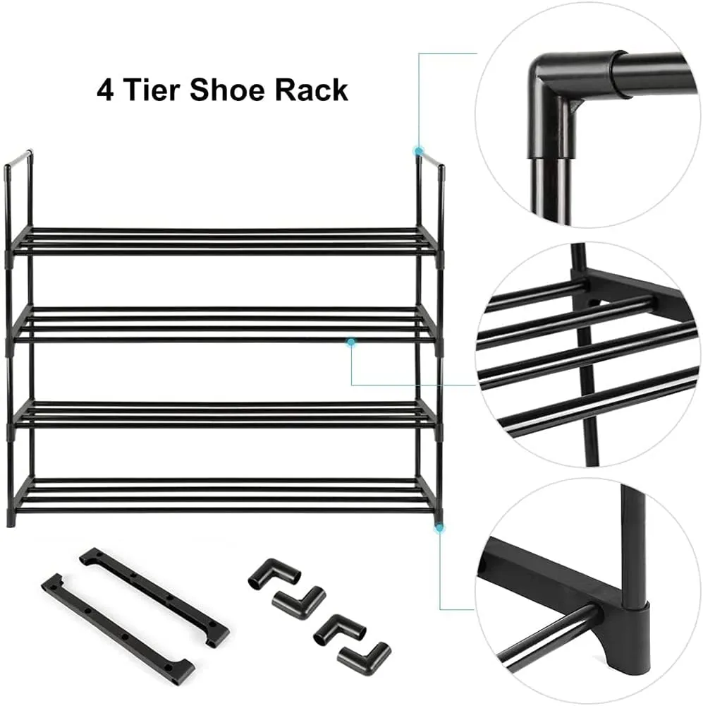 4-Tier Black Stainless Steel Shoe Rack, Holds 20 Pairs