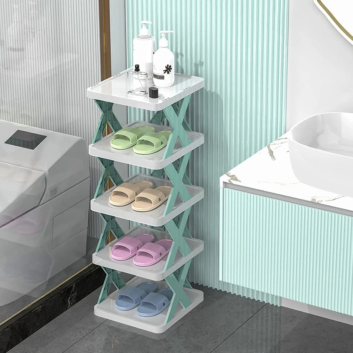 5 Layer Shoes Stand, Shoe Tower Rack Suit for Small Spaces, Closet, Small Entryway, Easy Assembly and Stable in Structure, Corner Storage Cabinet for Saving Space