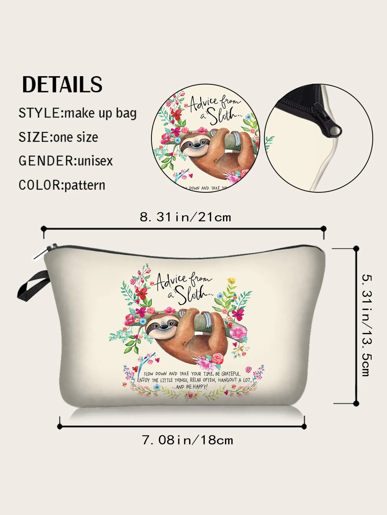 Advice From Sloth Cosmetic Bag Animal Makeup Bag Cosmetic Organizer Toiletries