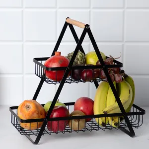 Anko 2 Tier Storage Basket | Decorative Fruit & Vegetable rack for Home, Kitchen, Bathroom | Countertop Stand Organizer For Dining Table, Cabinet, Shelf | Metal With Rubberwood Handle - Black