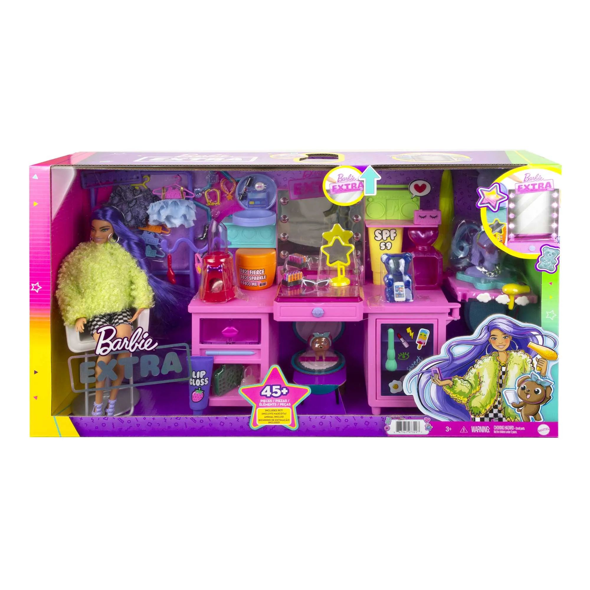 Barbie Extra Doll & Vanity Playset With Exclusive Doll, Pet Puppy, Vanity & 45  Pieces