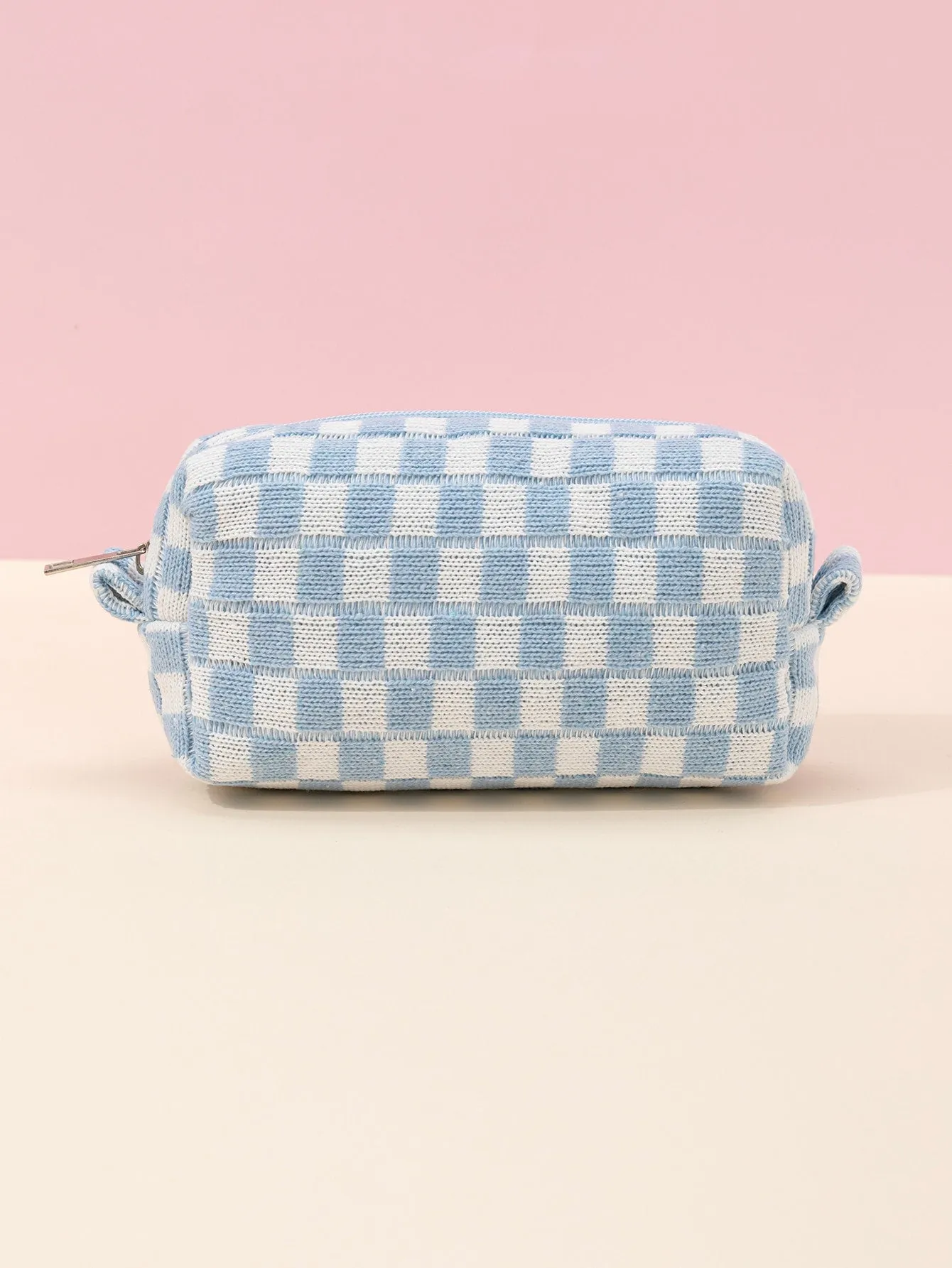 Blue And White Plaid Knitted Soft Makeup Bag Cosmetic Organizer Toiletries Bag