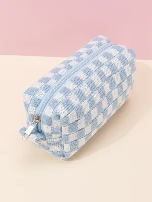 Blue And White Plaid Knitted Soft Makeup Bag Cosmetic Organizer Toiletries Bag