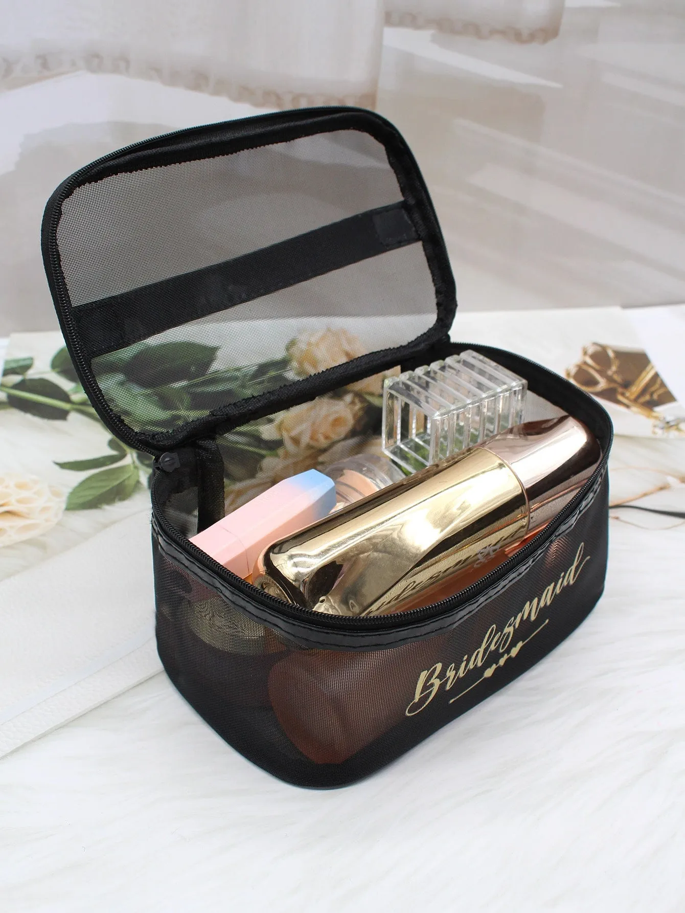 Bridesmaid Makeup Bag Mesh Makeup Bag Cosmetic Organizer Toiletries Bag Makeup