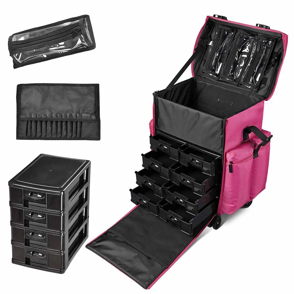 Byootique Pro Nylon Rolling Cosmetic Makeup Case Trolley Extra Large, Pink