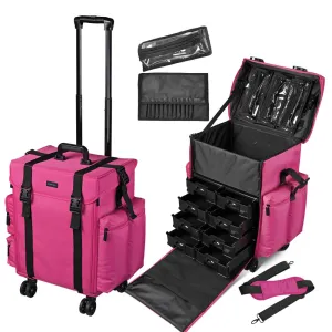 Byootique Pro Nylon Rolling Cosmetic Makeup Case Trolley Extra Large, Pink