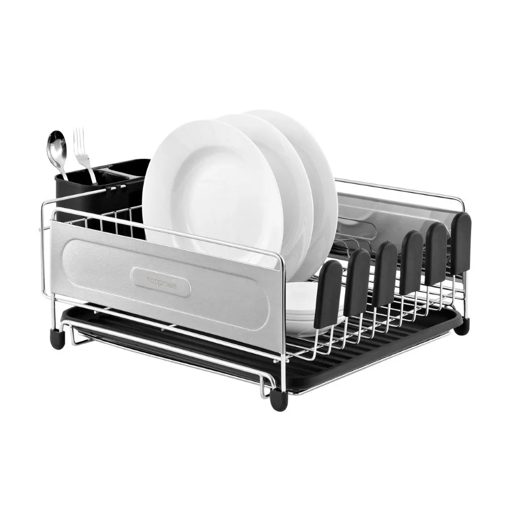 Compact Dish Drying Rack & Drain Tray With Wine Glass Holder