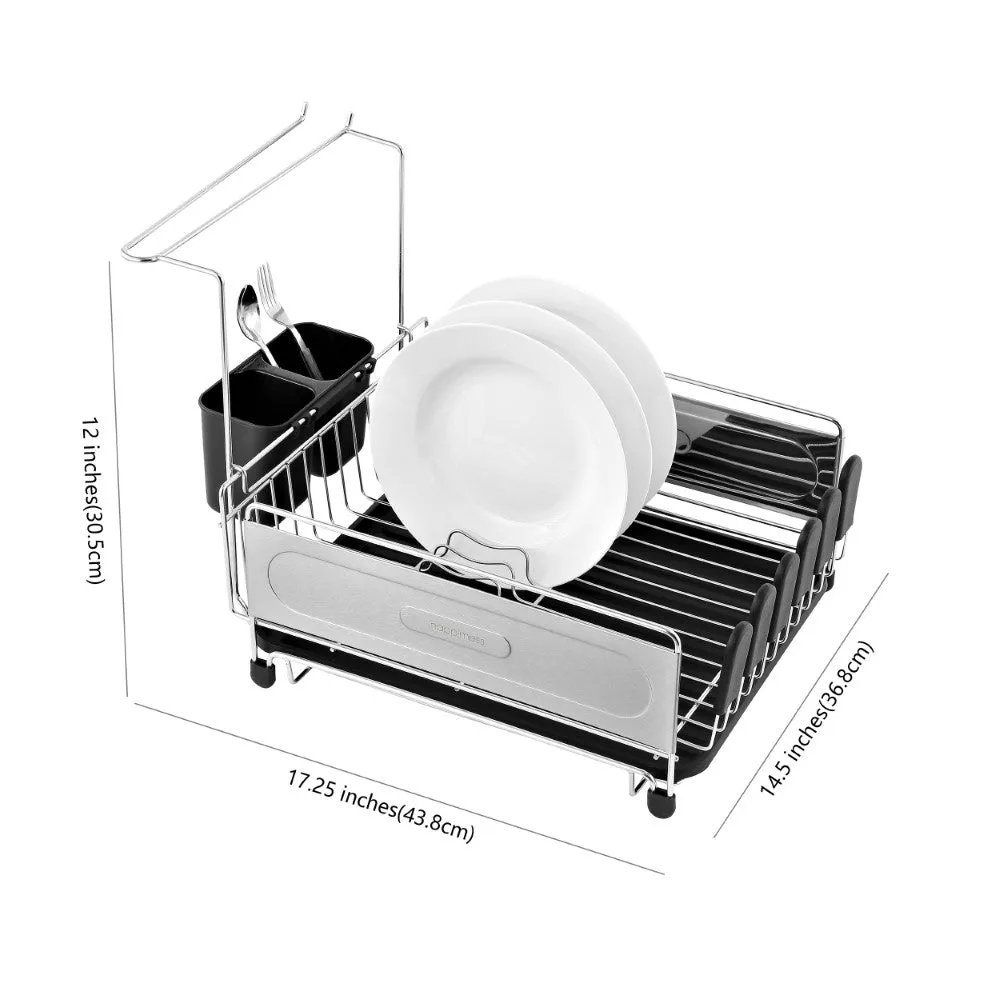 Compact Dish Drying Rack & Drain Tray With Wine Glass Holder