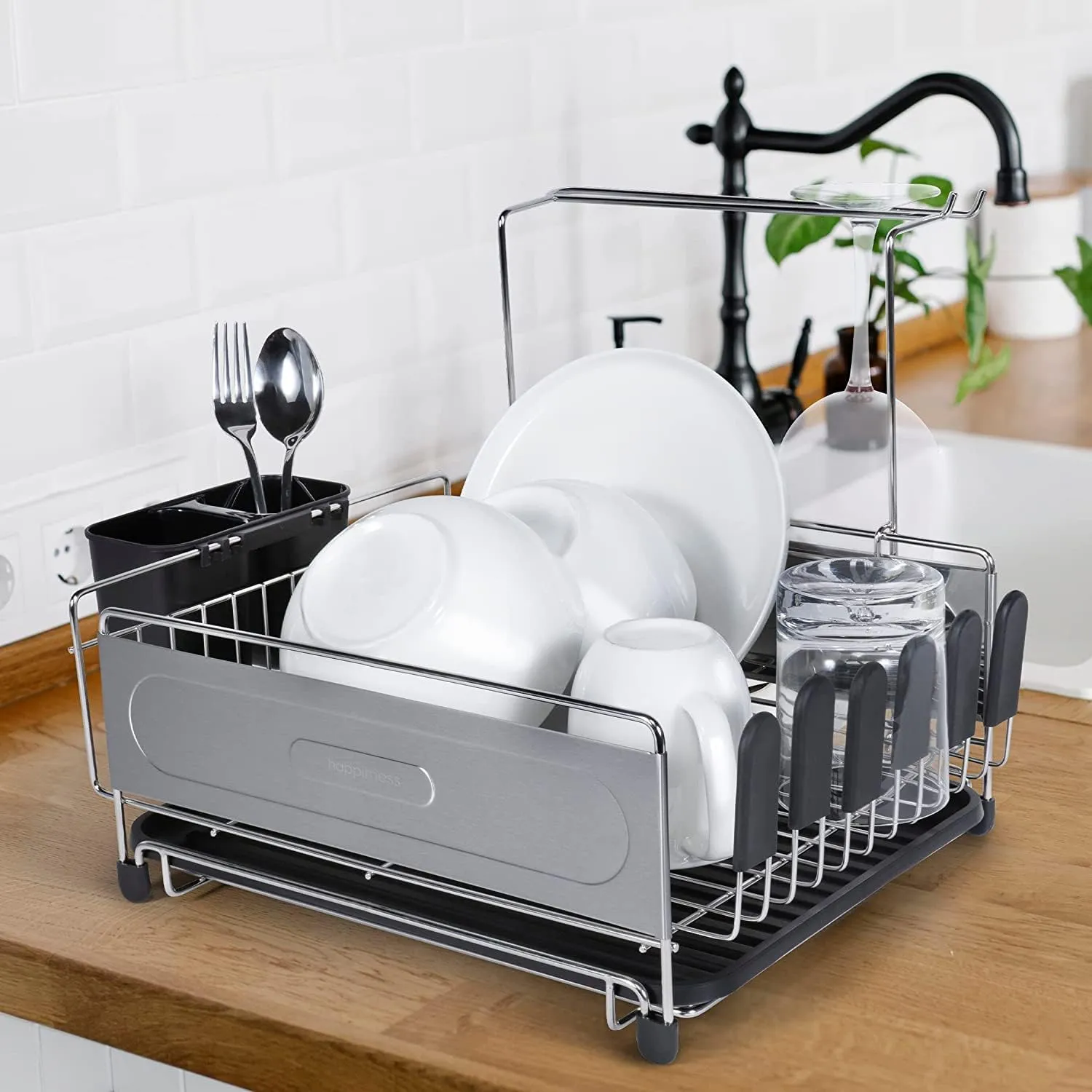 Compact Dish Drying Rack & Drain Tray With Wine Glass Holder