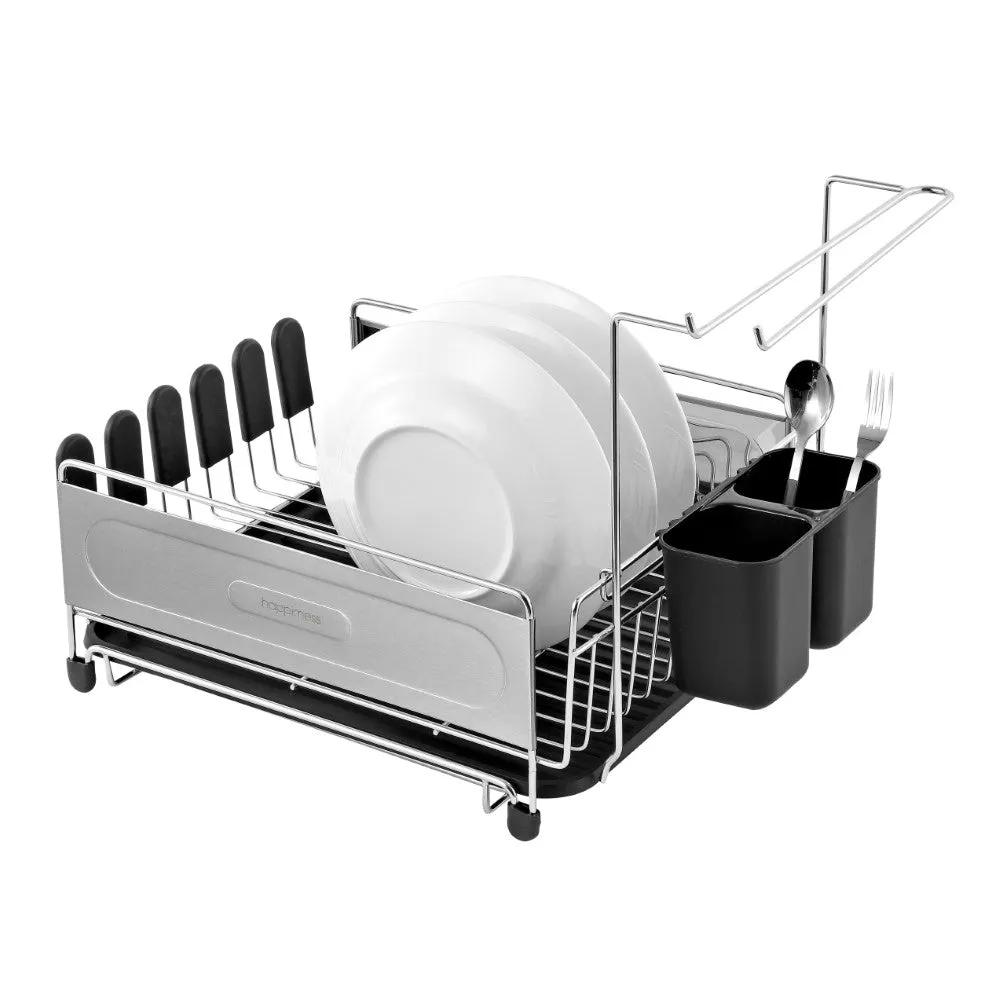 Compact Dish Drying Rack & Drain Tray With Wine Glass Holder