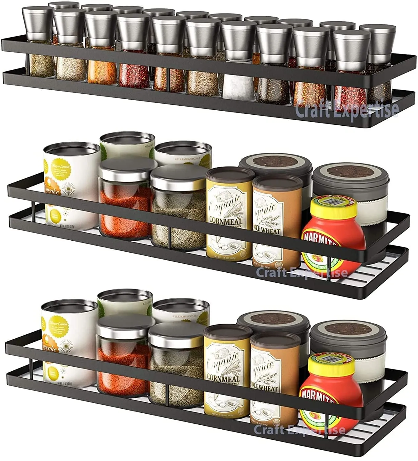 Craft Expertise Metal Spice Rack Organiser Wall Mounted, Hanging Seasoning Spice Rack Shelf Holder, Storage for Kitchen Cabinet Color Black (Pack-3), Hanging Shelves