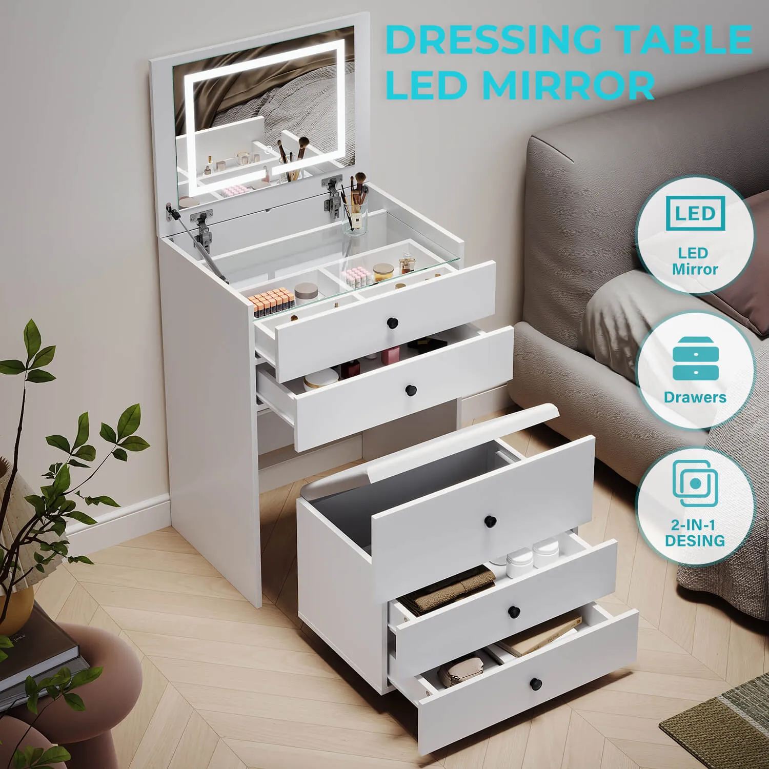 Dressing Table Bedside Tables 2-in-1 Set Hidden Makeup Mirror Storage Drawers