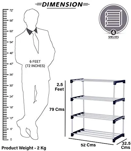 FLIPZON Multipurpose Rustproof Metal, Plastic Shoe Rack, Foldable Wide Storage Rack for Books. Toys, Shoes Easy to Move & Assemble (Rustproof) (4 Shelves)