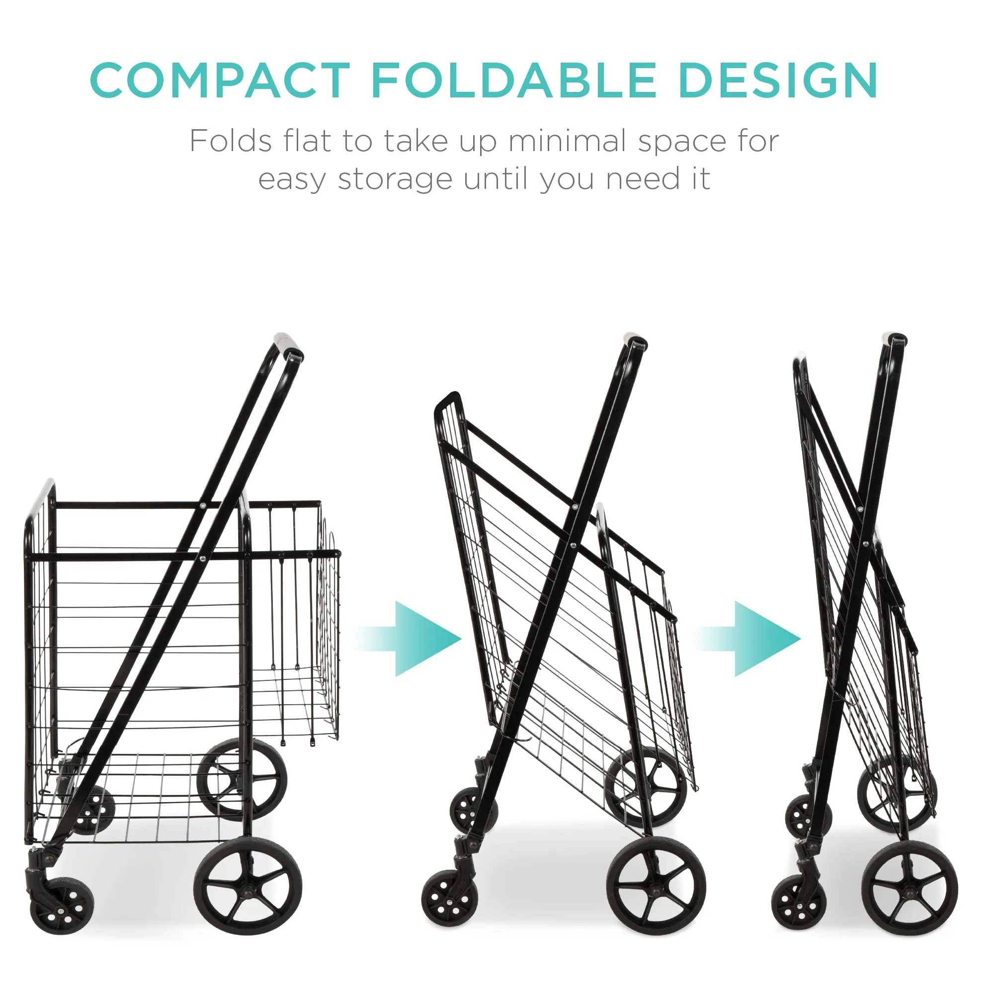 Folding Steel Grocery Cart w/ Double Basket, Swivel Wheels, 220lb Cap