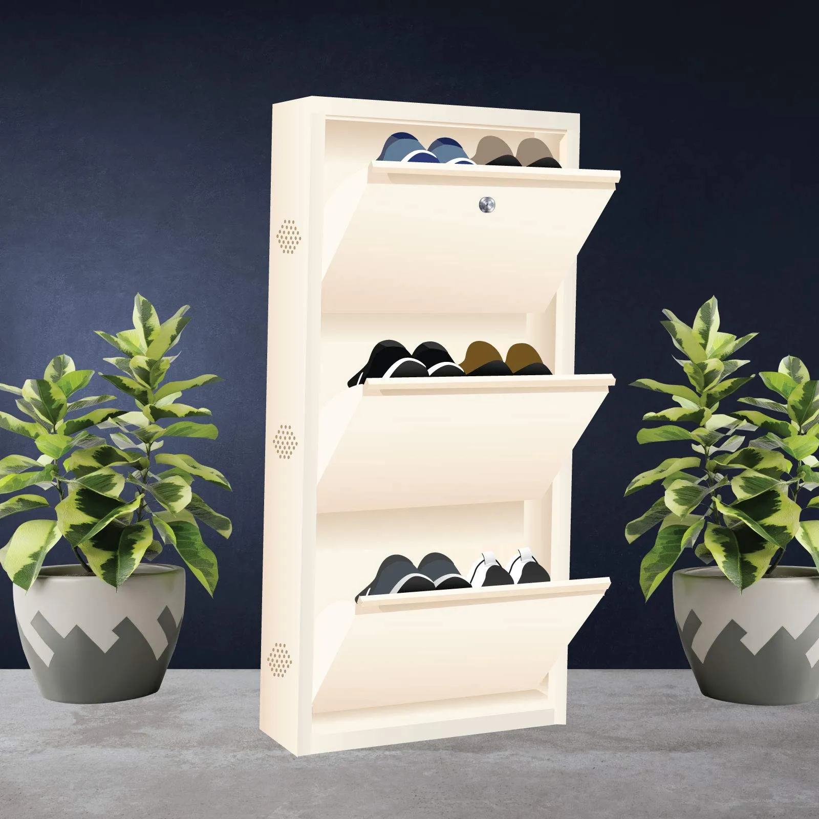 FORTUNE Wall Mounted Three Door Metal Sheet Shoe Rack | Shoe Stand Multipurpose Organiser Space Saver (3 Deck (Width : 20 Inches), Ivory)