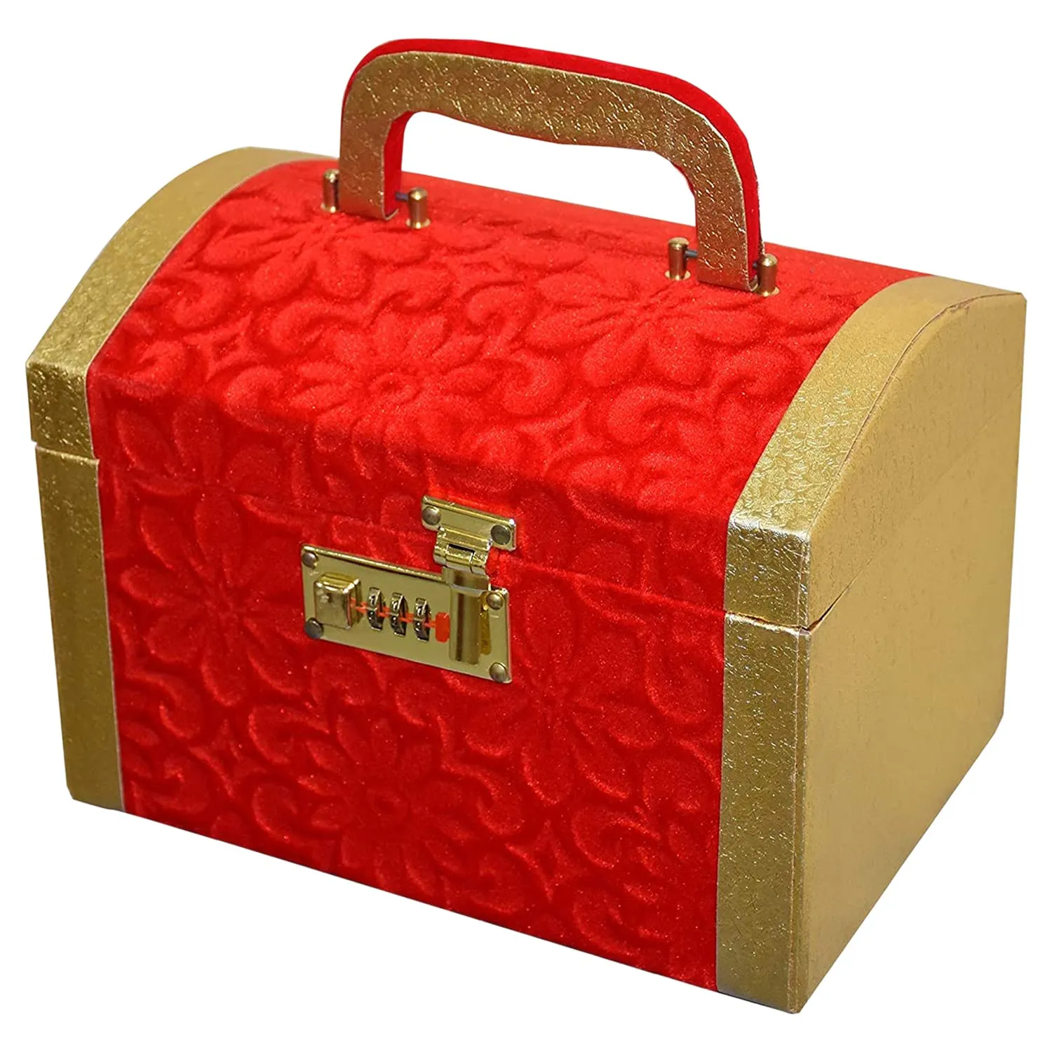 Heart Home Velvet Coated Wooden Jewellery Organizer/Makeup Box/Cosmetic Box/Vanity Case With 1 Bangle Rod, Mirror & Number Lock System (Red)-47HH0530