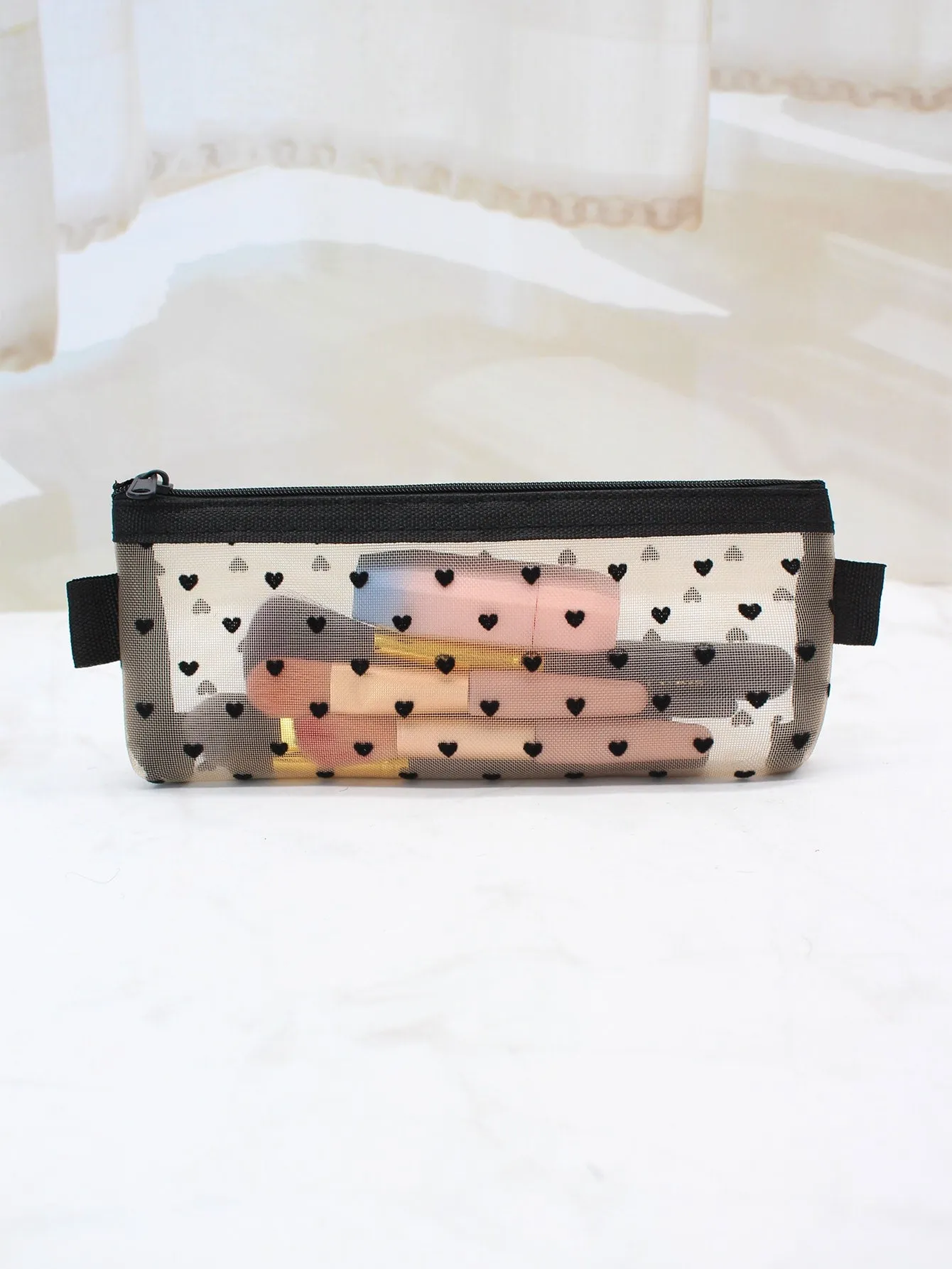 Heart Print Beige Mesh Makeup Bag Cosmetic Organizer Toiletries Bag Makeup