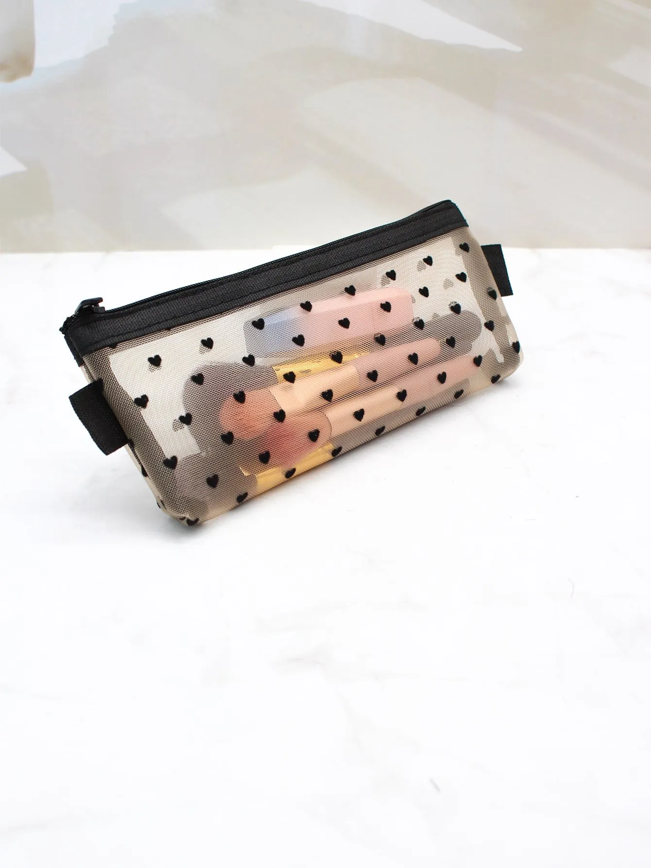 Heart Print Beige Mesh Makeup Bag Cosmetic Organizer Toiletries Bag Makeup