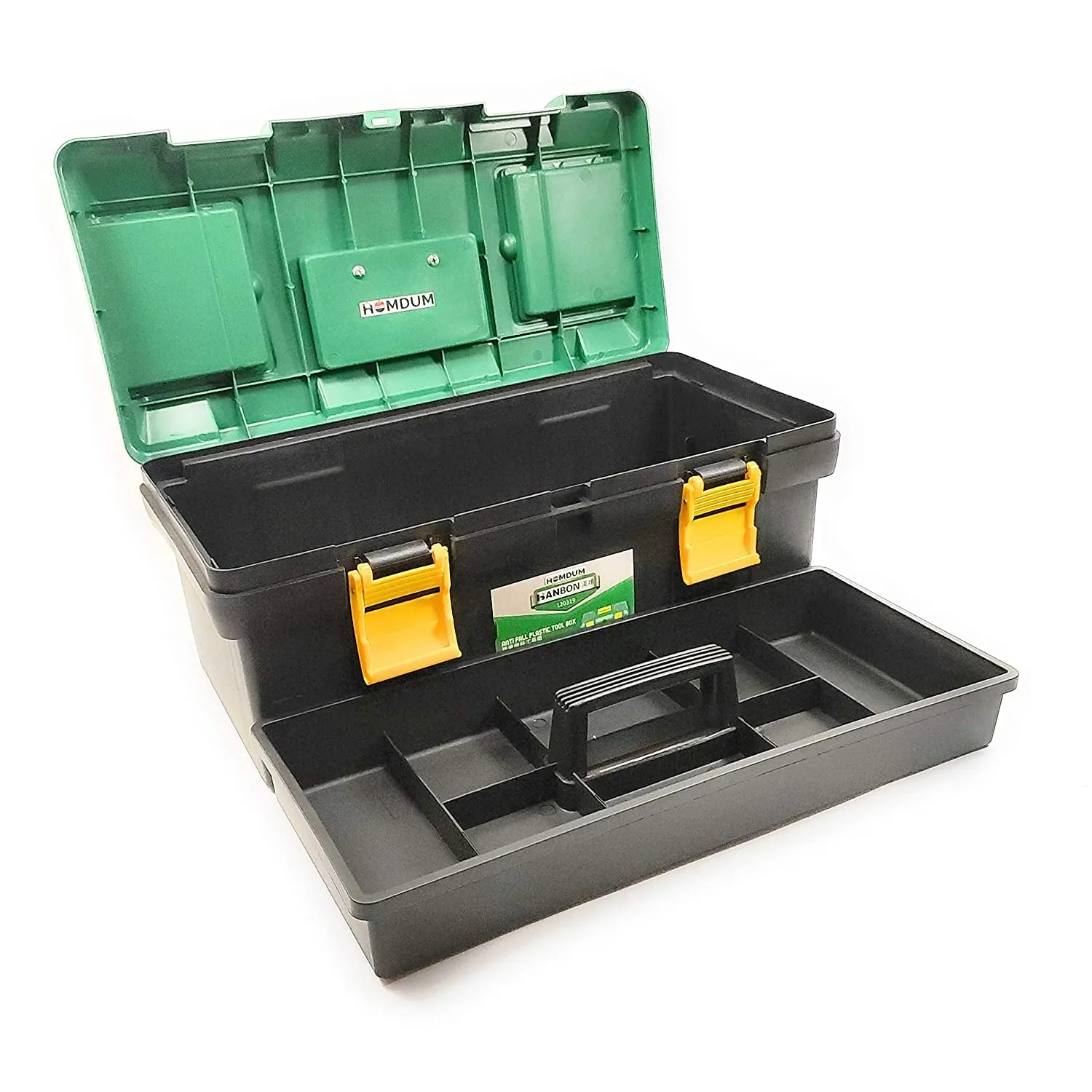 Homdum Portable Plastic Hardware Tool Box Storage Case for Screw Wrench Hammer with Removable Tray (Green, Black, 19 Inch)