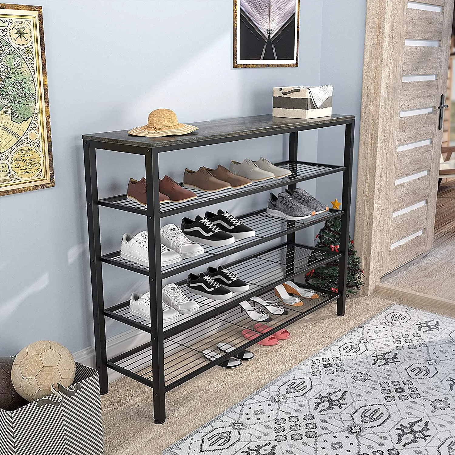 INDIAN DECOR XL5609 Shoe Rack, Industrial Shoe Storage Organizer, Large 5-Tier Metal Shoe Rack Shelves with Wood Board, Entryway Table for Hallway, Living Room, Closet, Bedroom, Black Oak