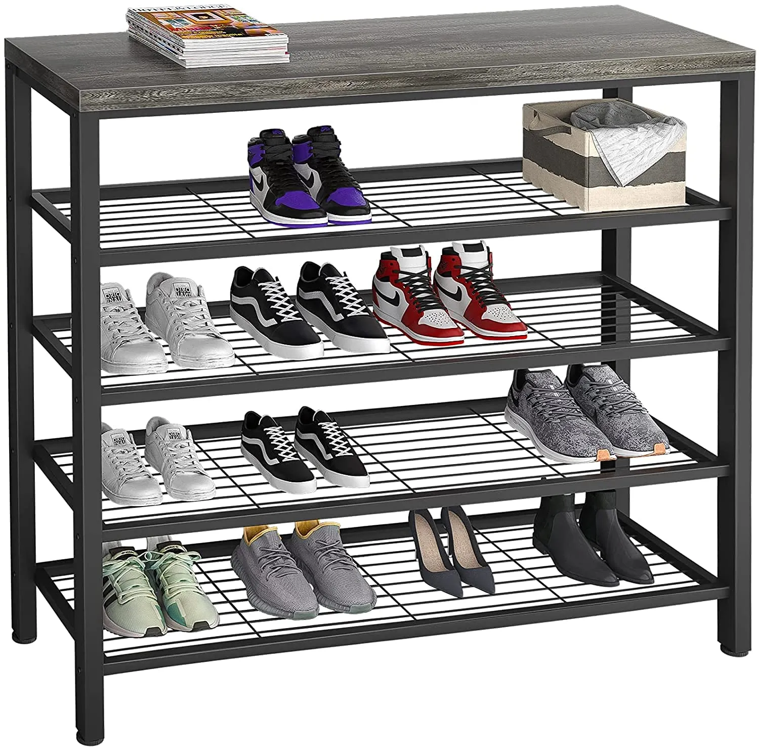 INDIAN DECOR XL5609 Shoe Rack, Industrial Shoe Storage Organizer, Large 5-Tier Metal Shoe Rack Shelves with Wood Board, Entryway Table for Hallway, Living Room, Closet, Bedroom, Black Oak