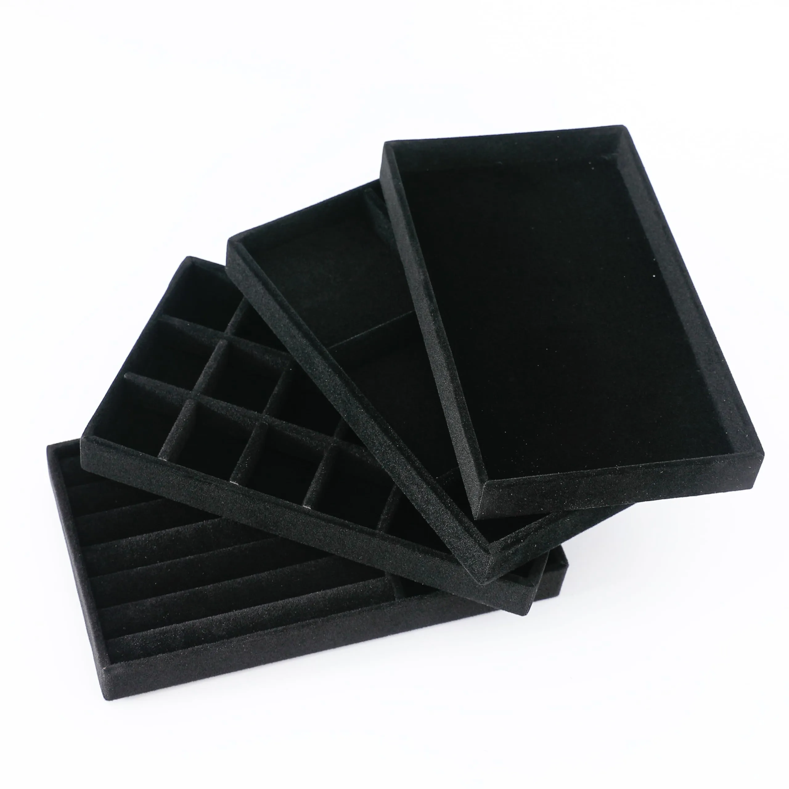 Kuber Industries 4 Pieces Velvet Jewelry Trays Organizer | Jewelry Storage Box | Jewelry Organizer | Showcase Holder Dresser Organizer for Earring Necklace Bracelet Ring | Pack of 1 |YBL4-03 | Black