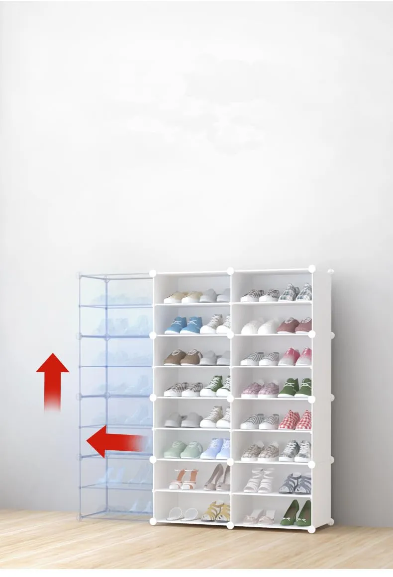 Kuber Industries Pack of 2 Shoes Cabinet |2 Column 4 -Tier Foldable Shoe Rack Organizer for Closet |Plastic Shoe Shelf Collapsible Shoes Box |Easy Assembly Shoe Cabinet with Lids | JL2C4TWH | White