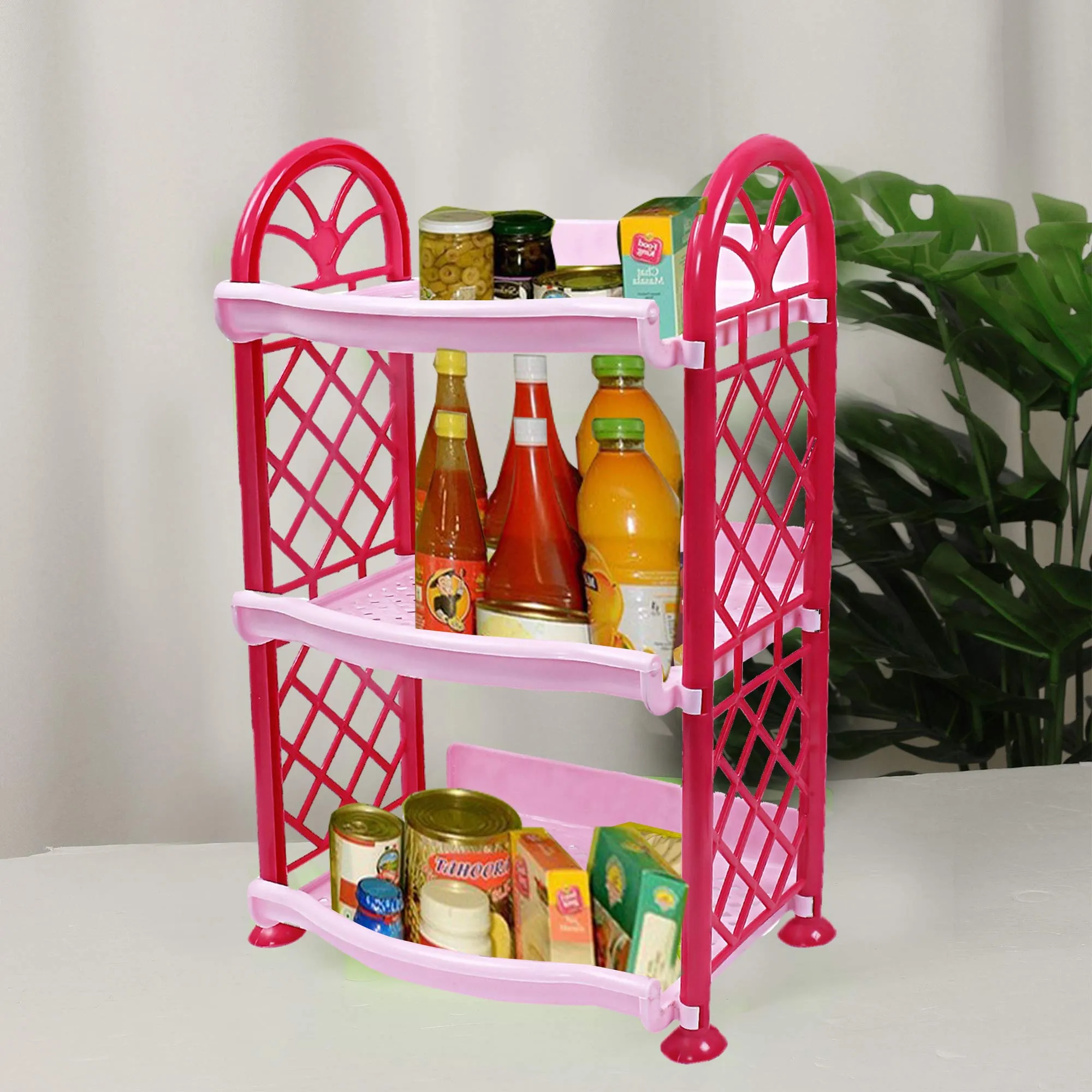 Kuber Industries Plastic 3 Layer Multipurpose Storage Organizer Rack for Kitchen, Bathroom, Living Room, Bedroom (Pink)- CTKTC037682