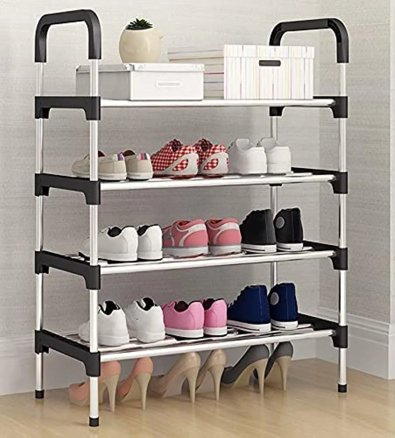 Lukzer 4 Layer Free Standing Stainless Steel Shoe Rack Space Saving Entryway Footwear Holder Storage Organizer Cabinet (88 x 28 x 54cm)