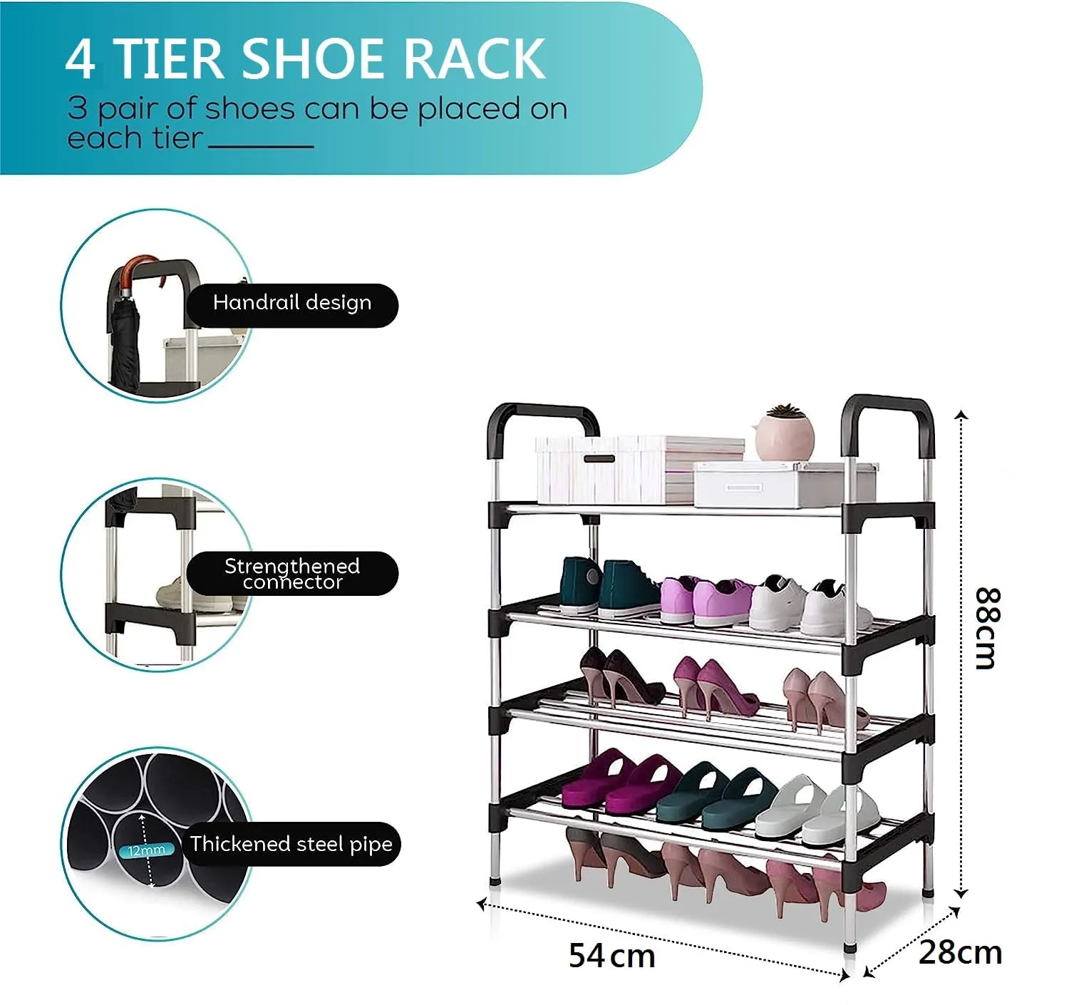 Lukzer 4 Layer Free Standing Stainless Steel Shoe Rack Space Saving Entryway Footwear Holder Storage Organizer Cabinet (88 x 28 x 54cm)