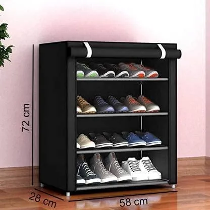 Multipurpose| Premium 4 Layer Plastic Shoe Rack For Home Improvement Furniture| Multipurpose Storage Rack With Dustproof Cover| Chappal Stand| (Black)