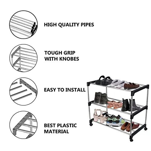 Nisarg - Multipurpose Rustproof Metal, Plastic Shoe Rack, Foldable Wide Storage Rack for Books. Toys, Shoes Easy to Move & Assemble (Rustproof) with Wheels (3 Shelves)