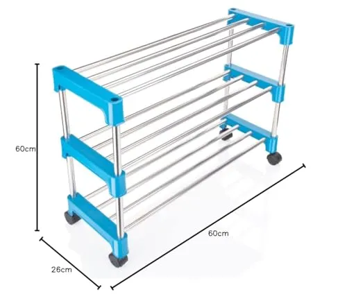 Nisarg - Multipurpose Rustproof Metal, Plastic Shoe Rack, Foldable Wide Storage Rack for Books. Toys, Shoes Easy to Move & Assemble (Rustproof) with Wheels (3 Shelves)