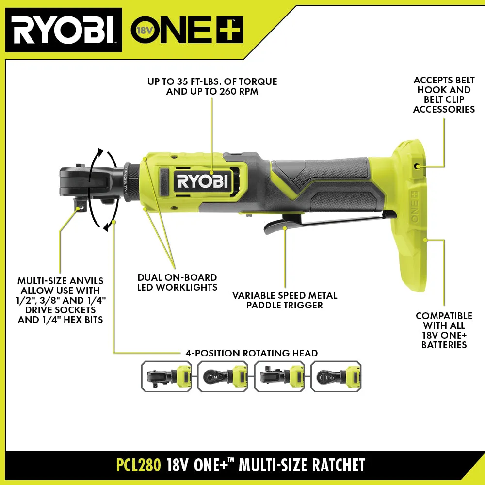 Open Box -  RYOBI ONE  18V Cordless Multi Size Ratchet (Tool Only)