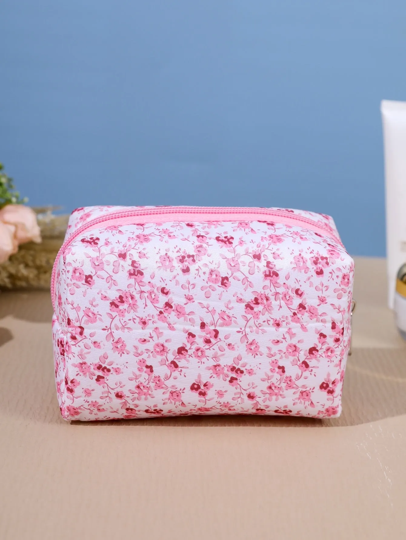 Pink Blooming Flower Pattern Makeup Bag Cosmetic Organizer Toiletries Bag Makeup