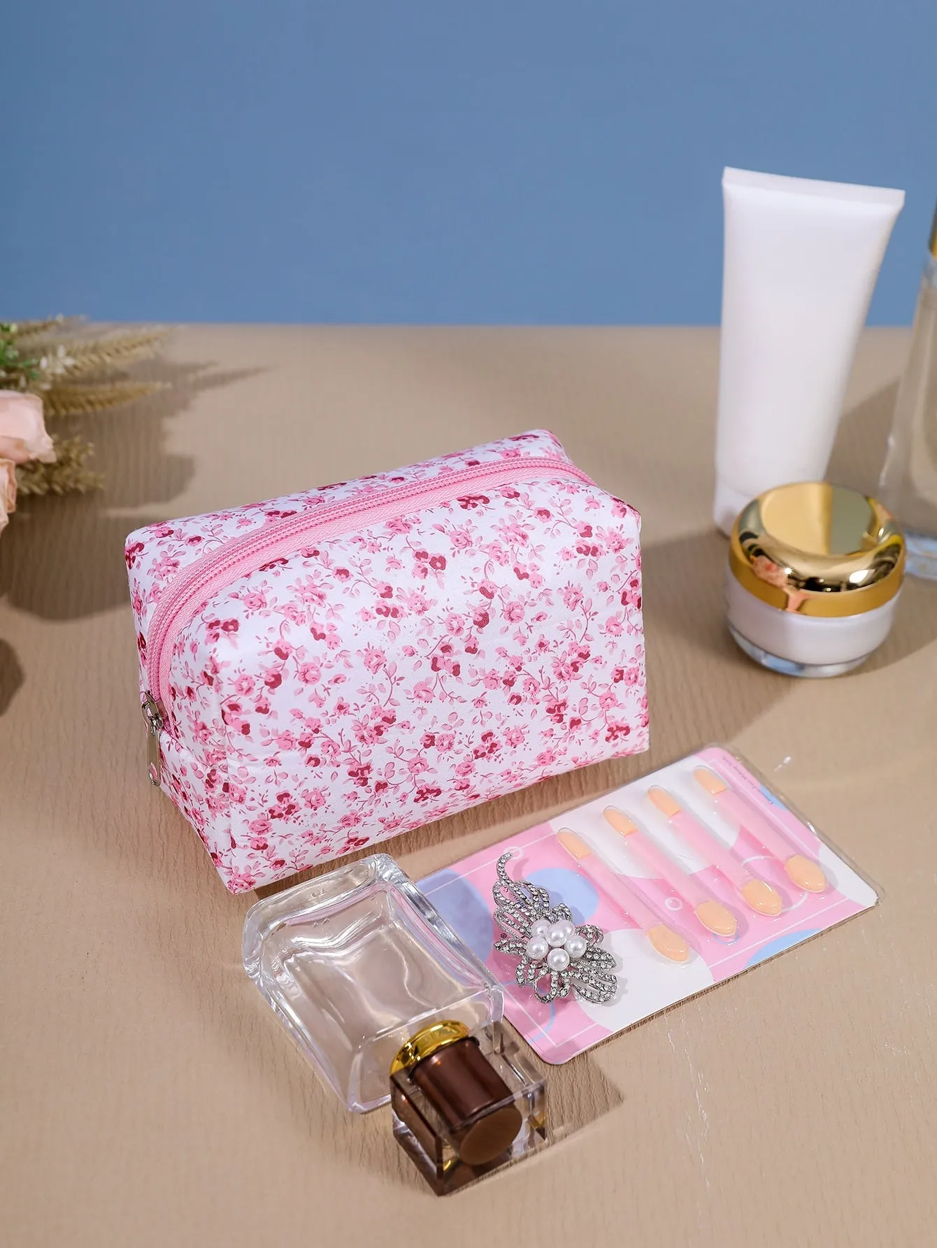 Pink Blooming Flower Pattern Makeup Bag Cosmetic Organizer Toiletries Bag Makeup