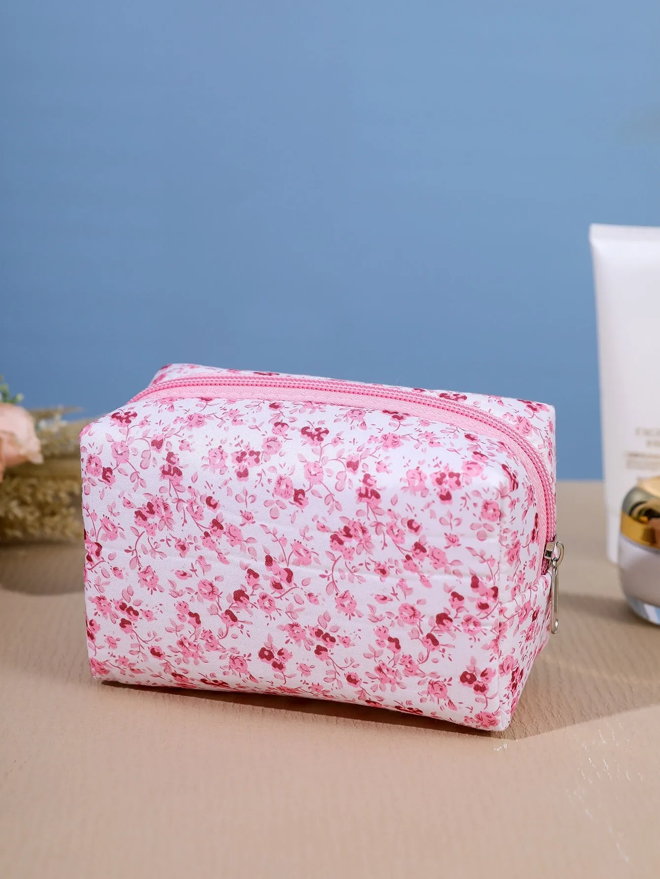 Pink Blooming Flower Pattern Makeup Bag Cosmetic Organizer Toiletries Bag Makeup