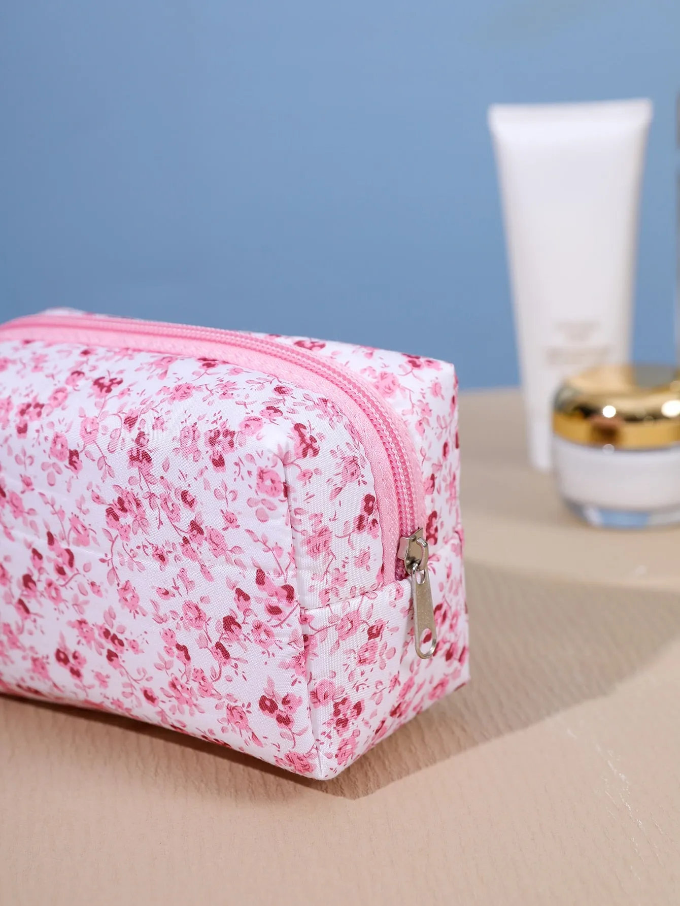 Pink Blooming Flower Pattern Makeup Bag Cosmetic Organizer Toiletries Bag Makeup