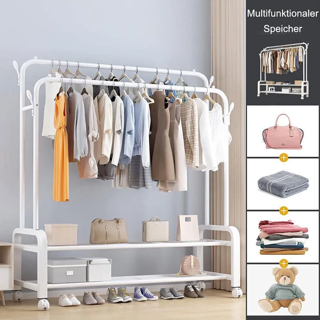 Portable Clothes Coat Garment Hanging Rack Shoe Storage Shelf Organizer Hanger