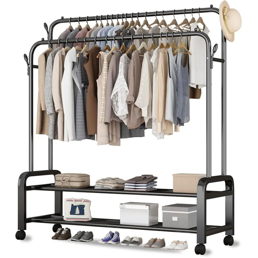 Portable Clothes Coat Garment Hanging Rack Shoe Storage Shelf Organizer Hanger