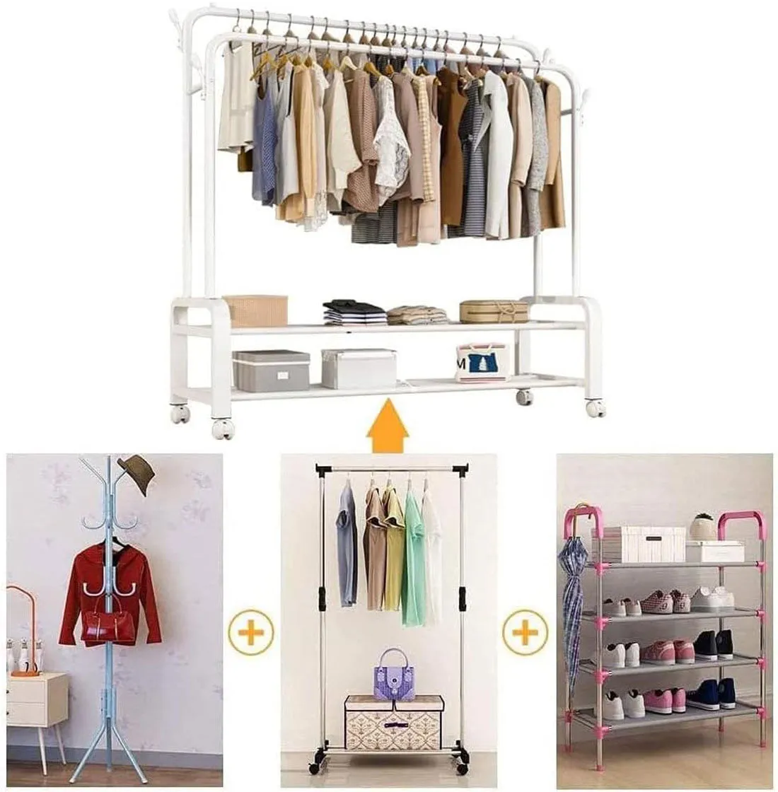 Portable Clothes Coat Garment Hanging Rack Shoe Storage Shelf Organizer Hanger