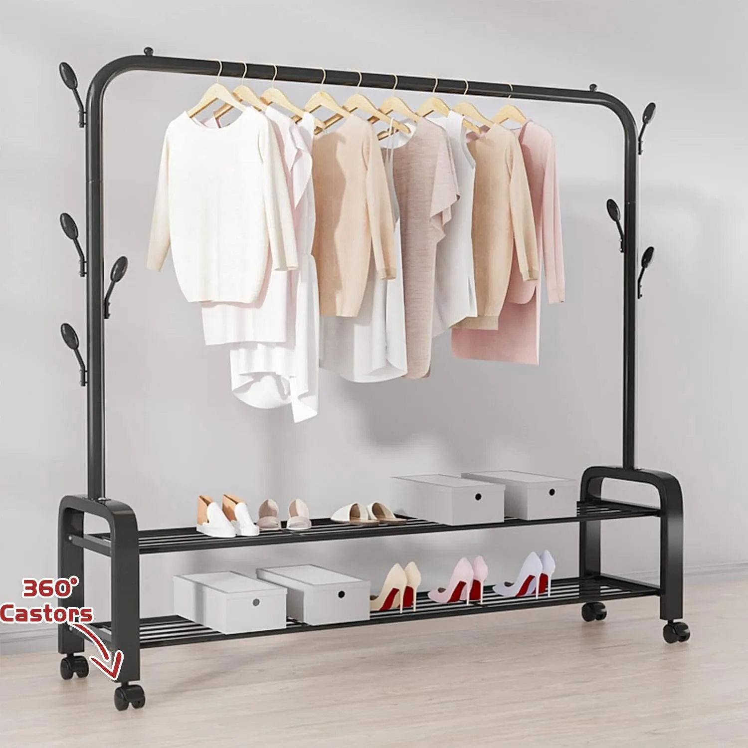 Portable Clothes Coat Garment Hanging Rack Shoe Storage Shelf Organizer Hanger